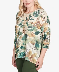 Alfred Dunner Women's Mount Laurel Abstract Leaf Sharkbite Hem Top with Necklace