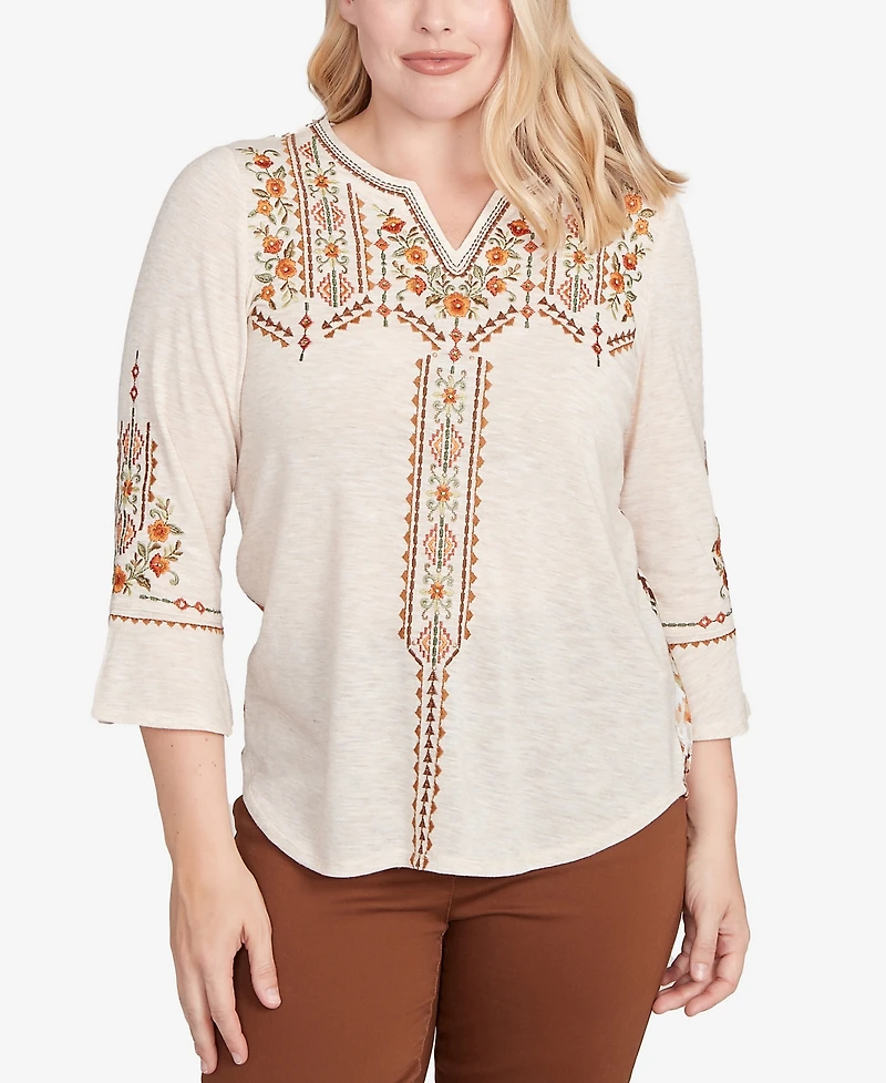 Alfred Dunner Women's Mount Laurel Geometric Floral Embroidery Printed Top