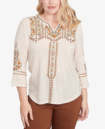 Alfred Dunner Women's Mount Laurel Geometric Floral Embroidery Printed Top