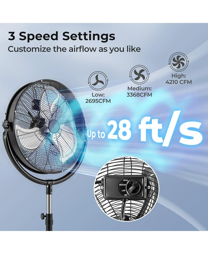 Mecale 20 Inches High Velocity Pedestal Fan with 3 Speeds and Adjustable Height