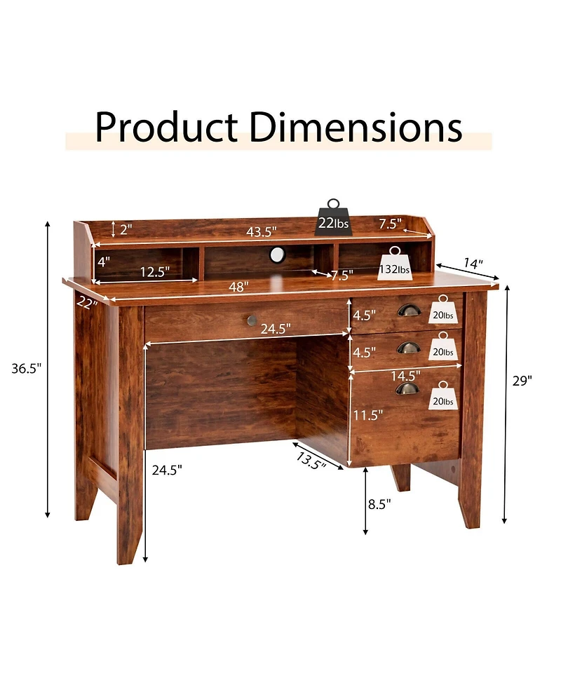Mecale Vintage Computer Desk with Storage Shelves and 4 Drawers