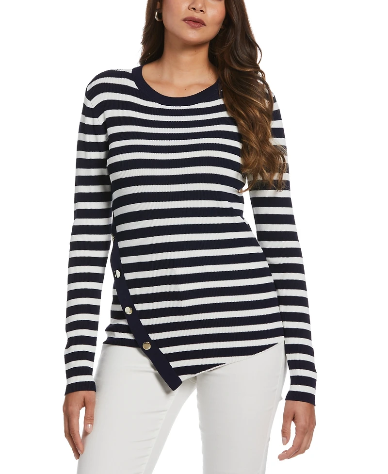 Ella Rafaella Women's Snap Trim Stripe Asymmetrical Sweater