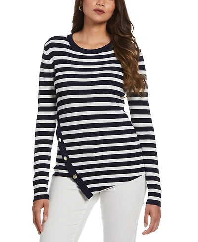 Ella Rafaella Women's Snap Trim Stripe Asymmetrical Sweater