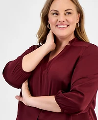 Jones New York Plus Satin 3/4-Puff Sleeve V-Neck Blouse