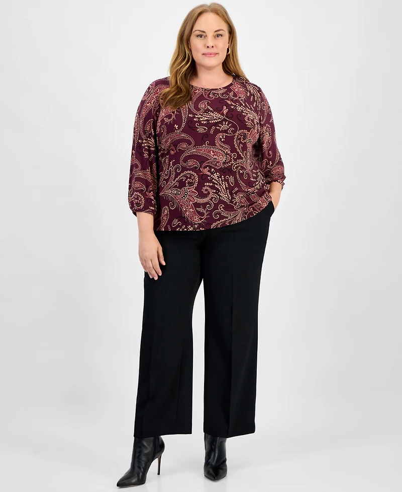 Jones New York Plus Paisley Puff-Sleeve Crewneck Top