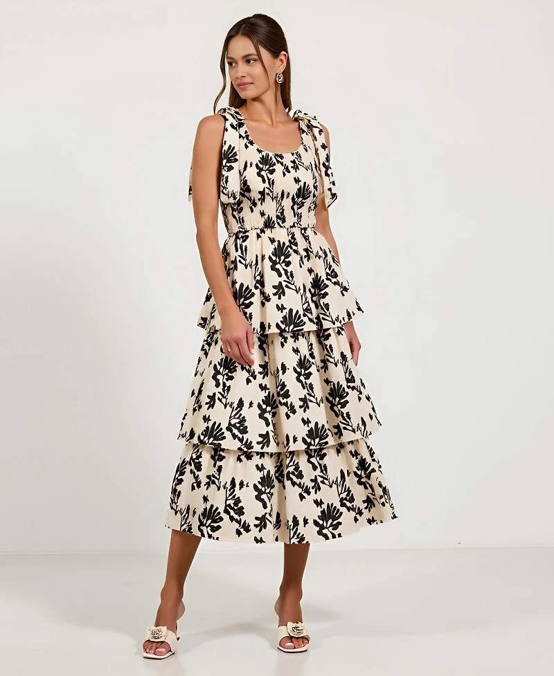 Modenaire Women's Smocked Tiered Bow-Tie Straps Floral Midi Dress