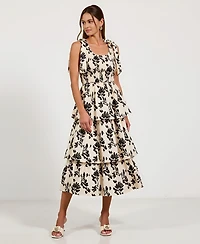 Modenaire Women's Smocked Tiered Bow-Tie Straps Floral Midi Dress
