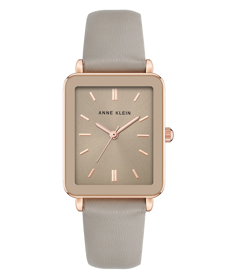 Anne Klein Women's Quartz Rectangular Taupe Leather and Rose Gold-Tone Metal Alloy Watch, 26mm