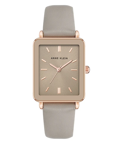 Anne Klein Women's Quartz Rectangular Taupe Leather and Rose Gold-Tone Metal Alloy Watch, 26mm