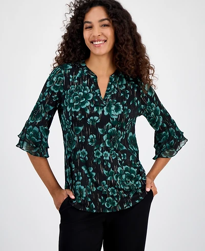 Kasper Women's Floral Print Split-Neck Bell-Sleeve Blouse, Regular and Petite