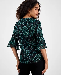 Kasper Women's Floral Print Split-Neck Bell-Sleeve Blouse, Regular and Petite