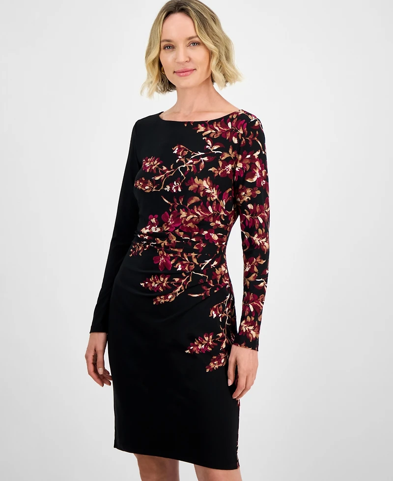 Kasper Women's Floral Side-Pleated Long-Sleeve Dress, Regular & Petite