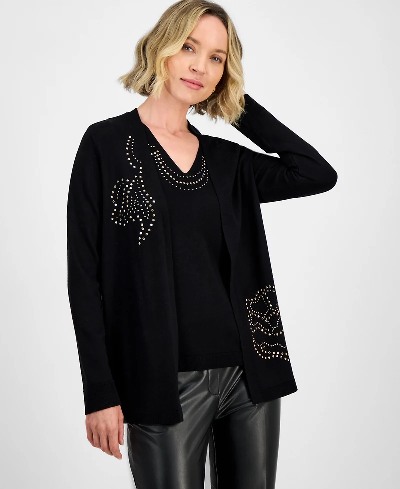 Kasper Women's Stud-Embellished Kissing-Front Long-Sleeve Cardigan