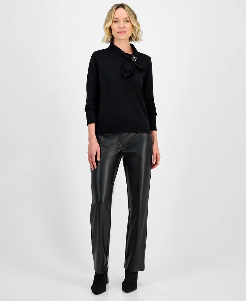 Kasper Women's Beaded-Brooch Tie-Neck Sweater
