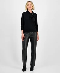 Kasper Women's Beaded-Brooch Tie-Neck Sweater