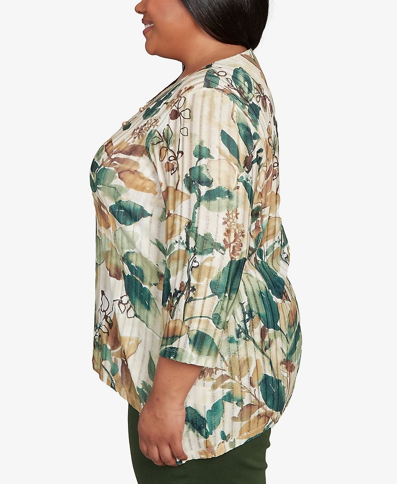 Alfred Dunner Plus Mount Laurel Abstract Leaf Sharkbite Hem Pull On Top with Necklace