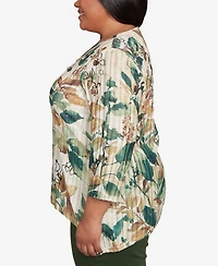 Alfred Dunner Plus Mount Laurel Abstract Leaf Sharkbite Hem Pull On Top with Necklace