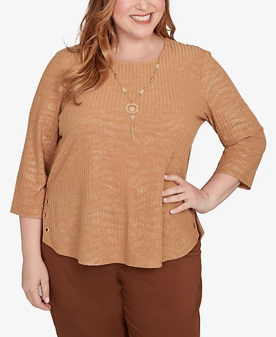 Alfred Dunner Plus Mount Laurel Shimmer Animal Jacquard Pull On Top with Necklace