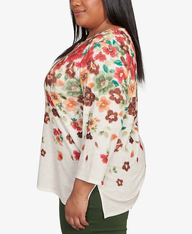 Alfred Dunner Plus Mount Laurel Floral Detailed Neck Top