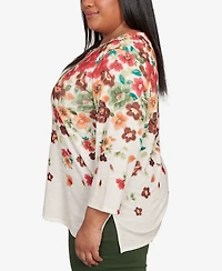 Alfred Dunner Plus Mount Laurel Floral Detailed Neck Top