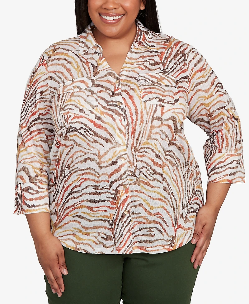 Alfred Dunner Plus Mount Laurel Animal Burnout Button Front Top