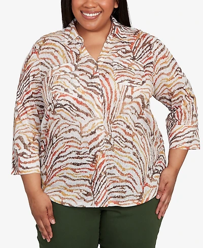 Alfred Dunner Plus Mount Laurel Animal Burnout Button Front Top