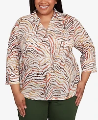 Alfred Dunner Plus Mount Laurel Animal Burnout Button Front Top