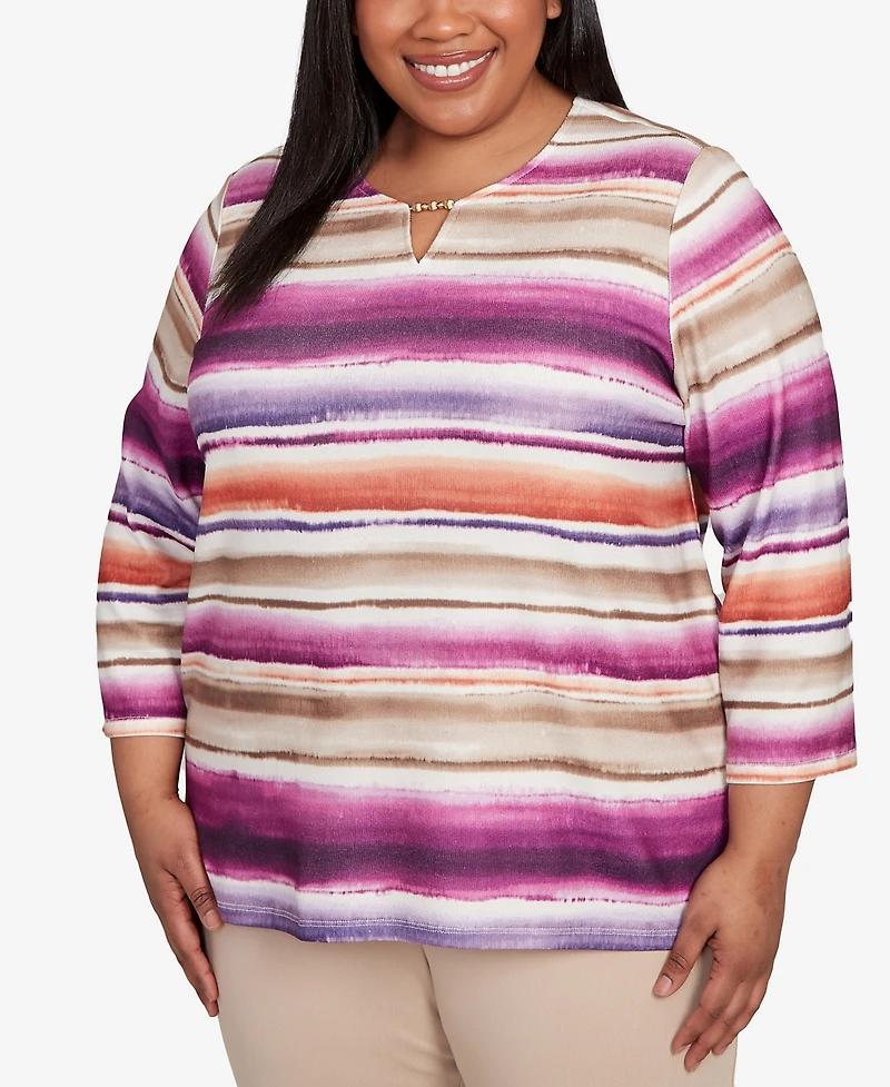 Alfred Dunner Plus Urban Legend Watercolor Biadere Beaded Split Neck Top