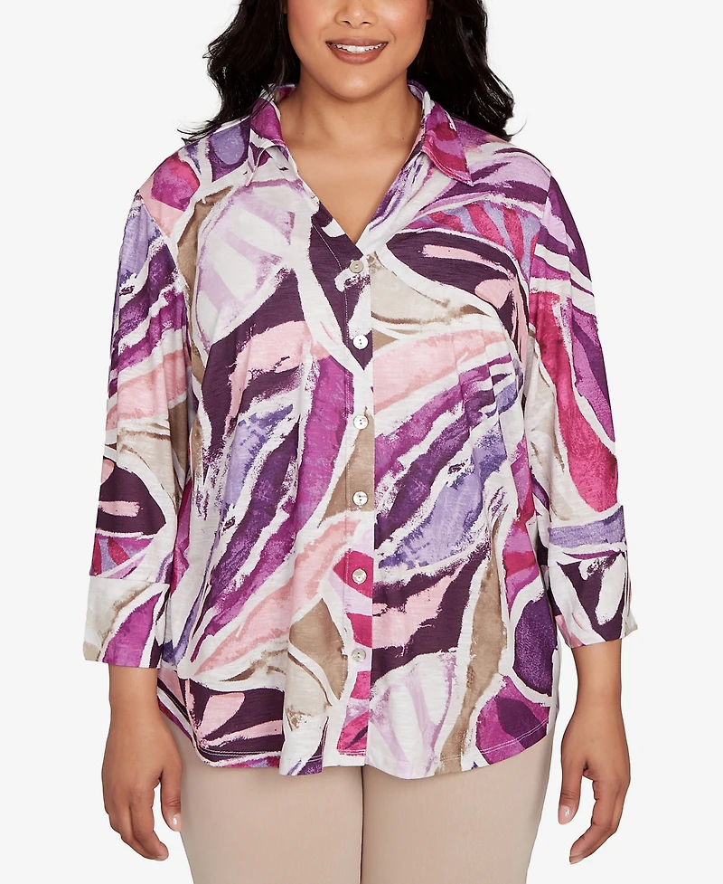 Alfred Dunner Plus Urban Legend Abstract Floral Button Front Top