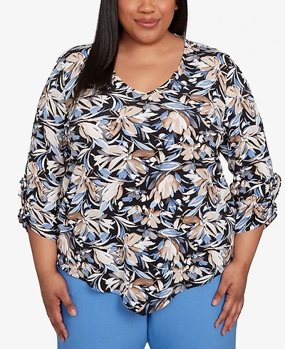 Alfred Dunner Plus As Usual Tie Sleeve Brushstroke Floral Knit Top