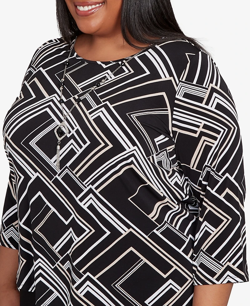 Alfred Dunner Plus As Usual Geometric Textured Top with Necklace