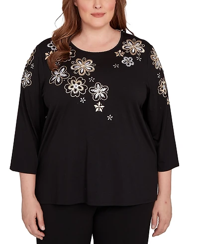 Alfred Dunner Plus As Usual Gold Floral Embroidered Three Quarter Sleeve Top
