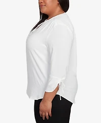 Alfred Dunner Plus As Usual Tie Sleeve Crinkle Textured Henley Top