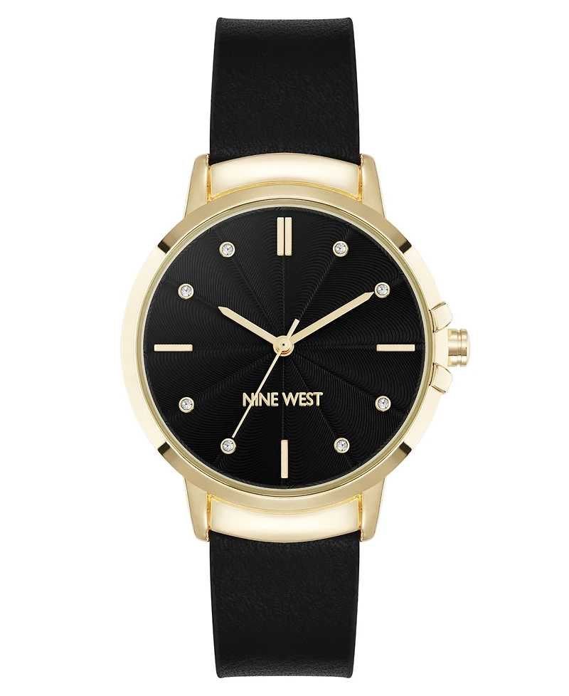 Nine West Women's Quartz Premier Black Leather and Gold-Tone Watch, 34mm
