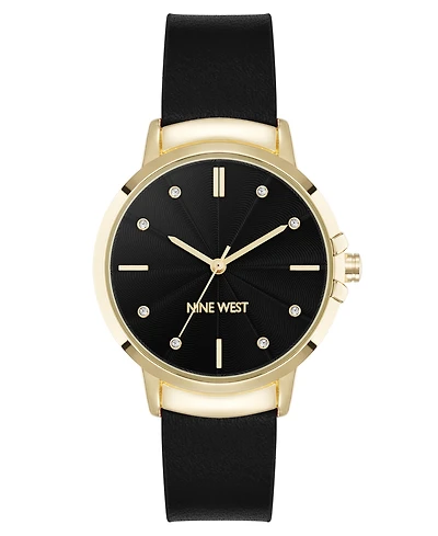 Nine West Women's Quartz Premier Black Leather and Gold-Tone Watch, 34mm
