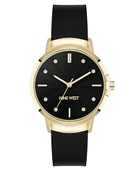 Nine West Women's Quartz Premier Black Leather and Gold-Tone Watch, 34mm