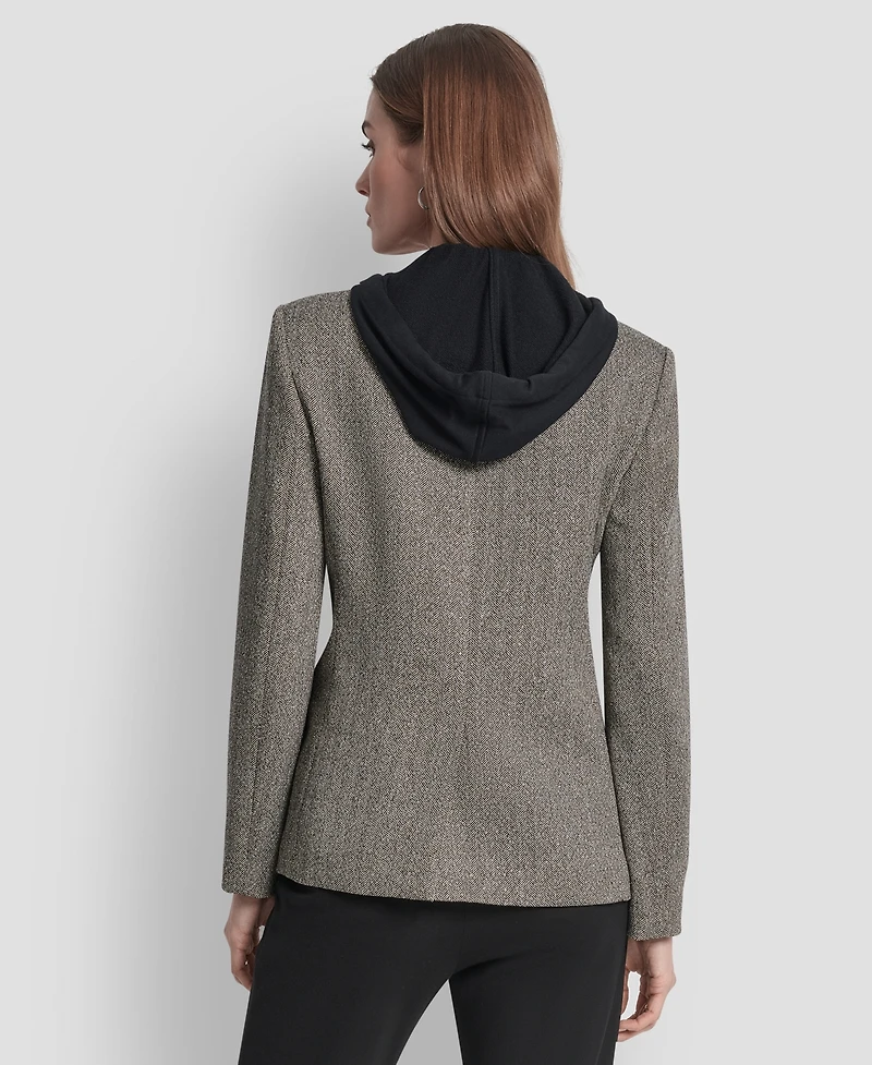 Dkny Women's Herringbone Pattern Blazer with Fleece Hoodie