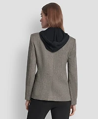 Dkny Women's Herringbone Pattern Blazer with Fleece Hoodie