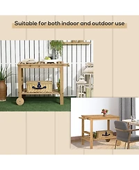 Outsunny Outdoor Wood Bar Cart Patio Serving Cart with Wine Holders, Natural