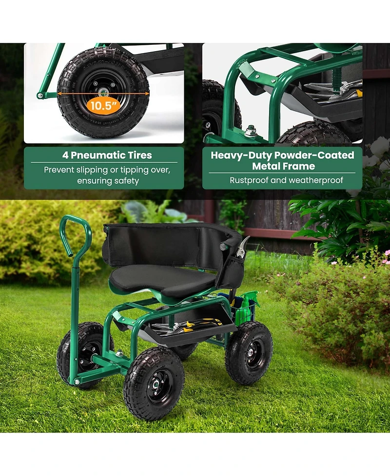 Costway Rolling Garden Cart Height Adjustable Scooter with Swivel Seat & Tool Storage