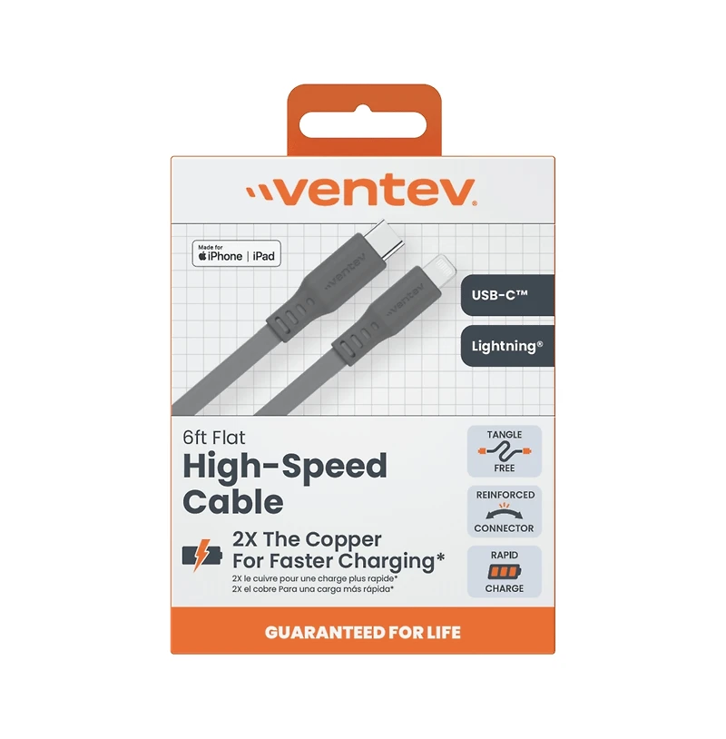 Ventev Flat Usb C to Apple Lightning High Speed Tangle-Free 6 Foot Cabl