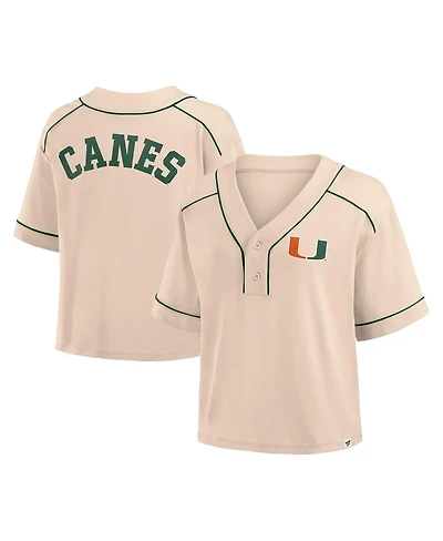 Fanatics Women's Tan Miami Hurricanes Oversized Dominant Force Cropped V-Neck T-Shirt