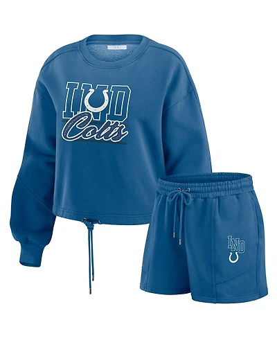 Wear by Erin Andrews Women's 2-Pieces Royal Indianapolis Colts Washed Fleece Long Sleeve T-Shirt and Shorts Lounge Set