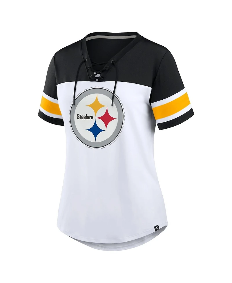 Fanatics Women's White/Black Pittsburgh Steelers Athena Rhinestone Lace-Up V-Neck T-Shirt