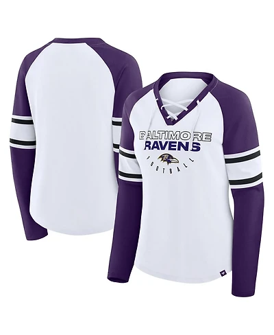 Fanatics Women's White/Purple Baltimore Ravens Redzone Blitz Package Raglan Lace-Up V-Neck Long Sleeve T-Shirt