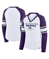 Fanatics Women's White/Purple Baltimore Ravens Redzone Blitz Package Raglan Lace-Up V-Neck Long Sleeve T-Shirt
