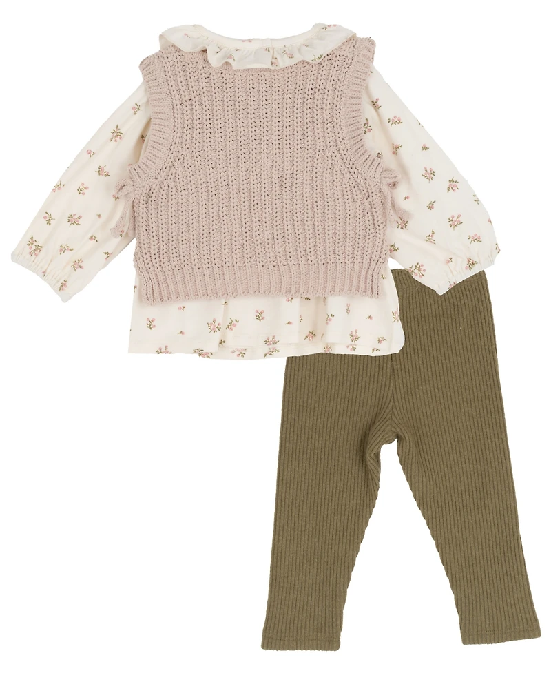 Rare Editions Baby Girls 3-Piece Knit Vest, Floral Top and Ribbed Leggings Set