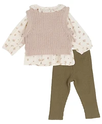 Rare Editions Baby Girls 3-Piece Knit Vest, Floral Top and Ribbed Leggings Set