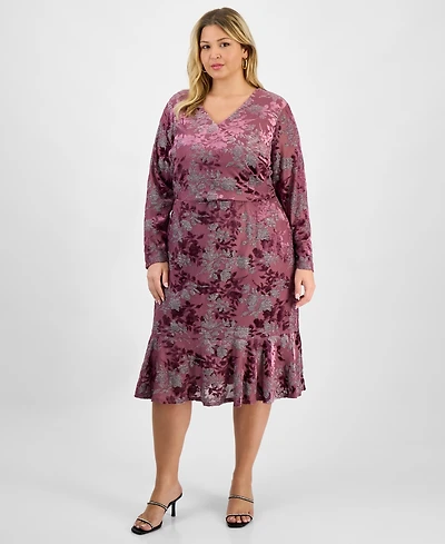 London Times Plus Floral Long-Sleeve Flounce-Hem Midi Dress