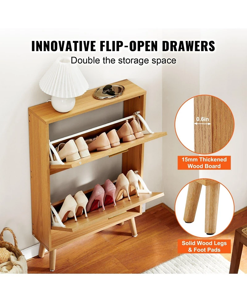 Slickblue Shoe Cabinet with 2 Flip Drawers and Rattan Doors, Freestanding Entryway Organizer